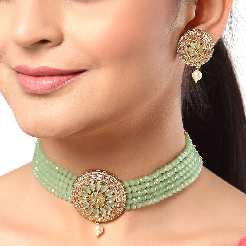 Multistrand Gold-Plated Lime Green & White American Diamond Stone Studded & Beaded Jewellery Set