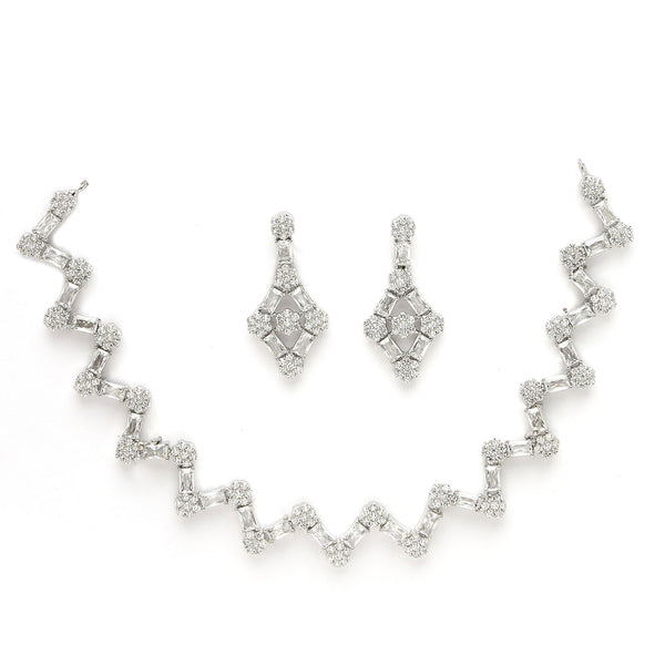 Rhodium Plated Silver Toned Zig Zag Design White AD Studded Necklace Set With Earrings