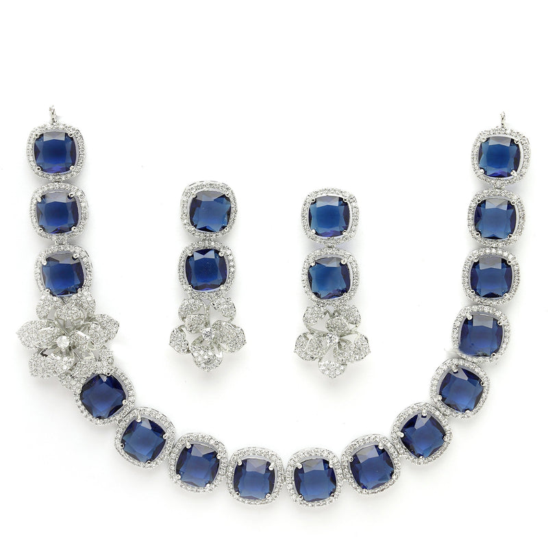 Rhodium Plated Silver Toned Blue Cussion Cut AD Studded  Necklace With Matching Drop Earrings