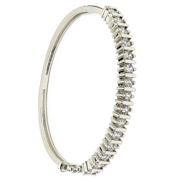 Rhodium Plated Silver Toned Minimal Round White American Diamond Studded Cuff Bracelet