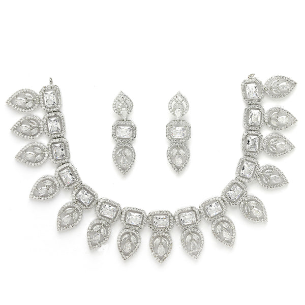 Rhodium Plated Silver Toned Marquise Shaped White American Diamond Studded  Necklace With Matching Drop Earrings
