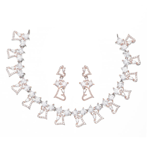 Rose Gold-Plated Gunmetal Toned White American Diamonds Studded Cordate Necklace & Earrings Jewellery Set
