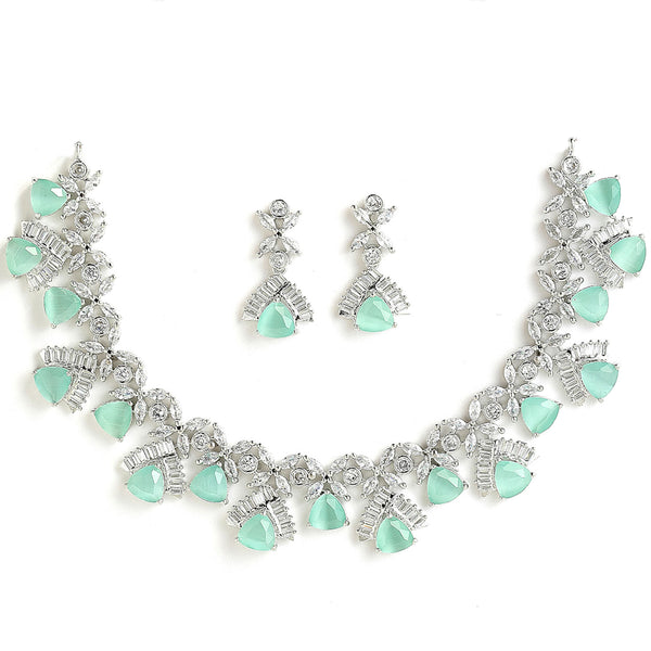 Rhodium-Plated with Silver-Tone & Sea Green American Diamond-Studded  Jewellery Set
