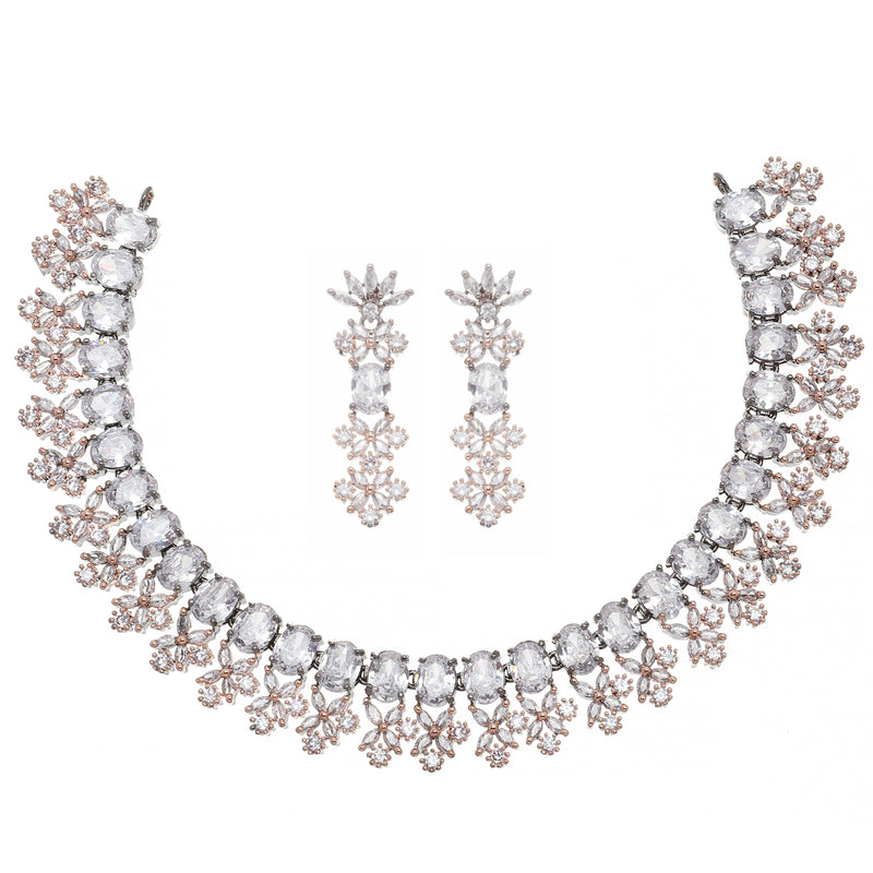 Rose Gold-Plated Gunmetal Toned White American Diamonds Studded Wacky Necklace & Earrings