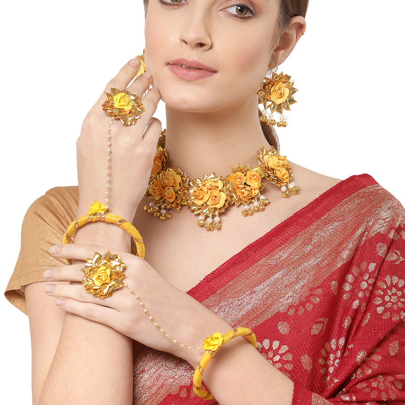 Yellow & White Pearl Gota Patti Flower Jewellery Set Combo