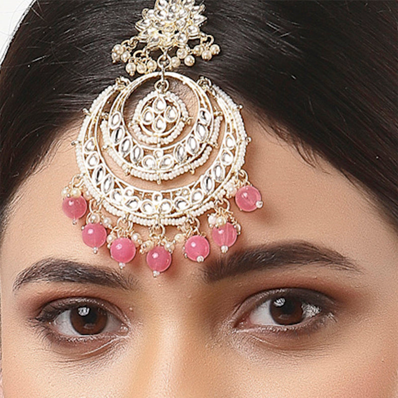 Traditional Gold Plated Kundan & Pink Bead Chandbali Maang Tikka