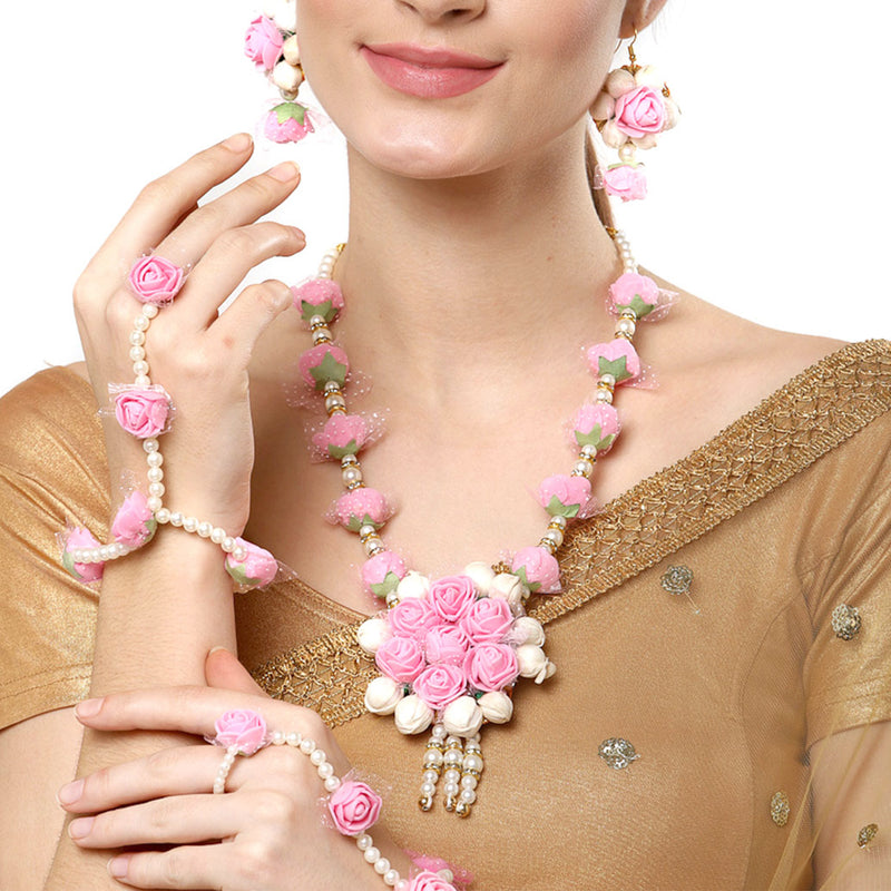 Gold-Plated Pink & White Pearl Gota Patti Flower Jewellery Set Combo ( Haldi, Mehndi, Bridal Shower )