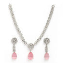 Rhodium Plated Silver Toned Teardrop Shaped Pink American Diamond Studded Necklace Set