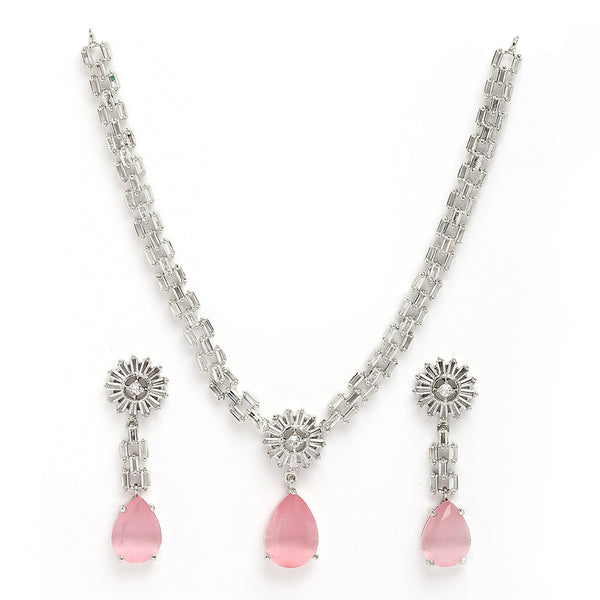 Rhodium Plated Silver Toned Teardrop Shaped Pink American Diamond Studded Necklace Set