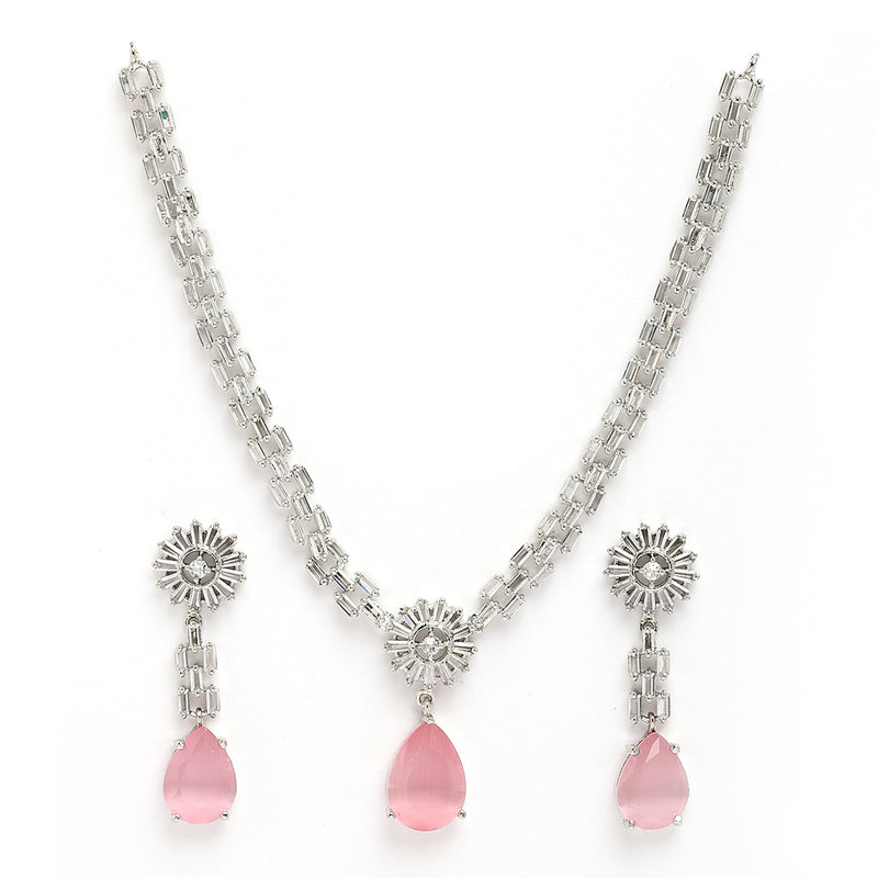 Rhodium Plated Silver Toned Teardrop Shaped Pink American Diamond Studded Necklace Set