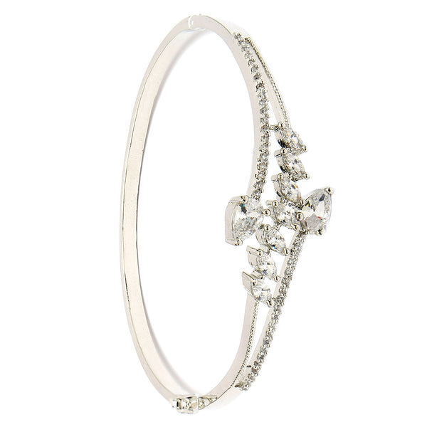 Rhodium Plated Silver Toned  Leaf Design White Teardrop American Diamond Studded Cuff Bracelet