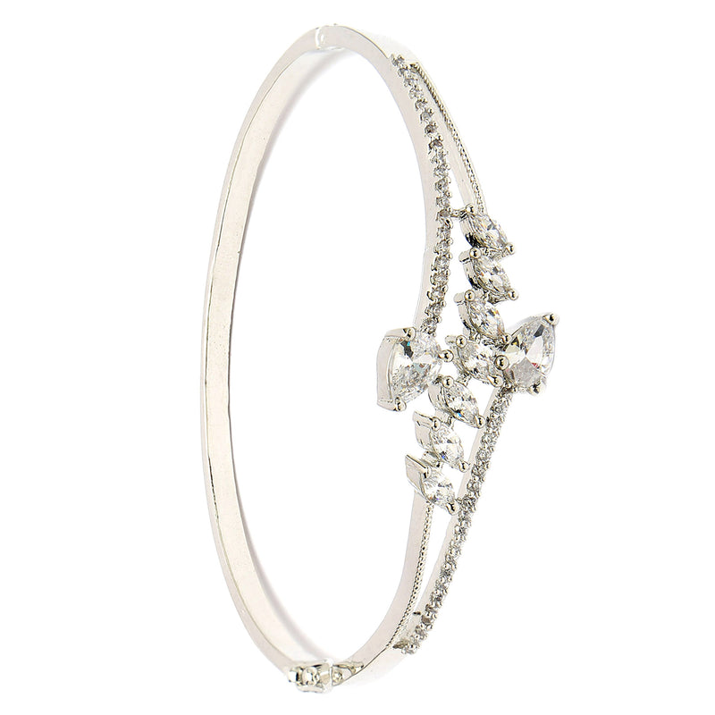 Rhodium Plated Silver Toned  Leaf Design White Teardrop American Diamond Studded Cuff Bracelet