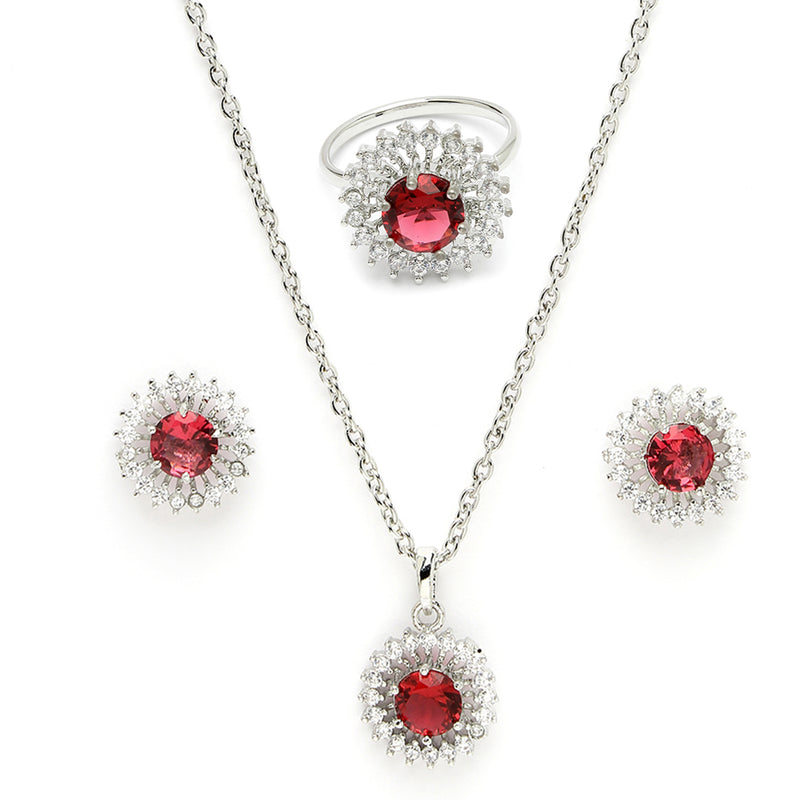 Rhodium Plated Silver Toned Ruby Red American Diamond Studded Pendant Combo With Ring