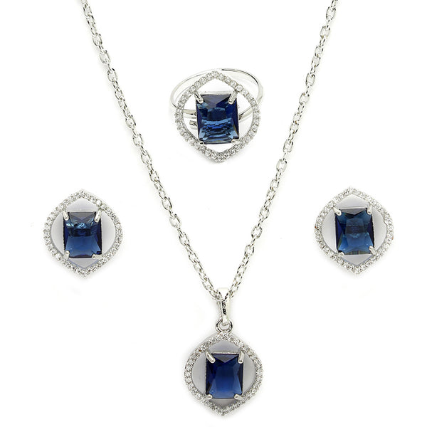 Rhodium Plated Silver Toned Royal Blue American Diamond Studded Pendant Combo With Ring