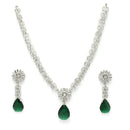 Rhodium Plated Silver Toned Teardrop Shaped Green American Diamond Studded Necklace Set