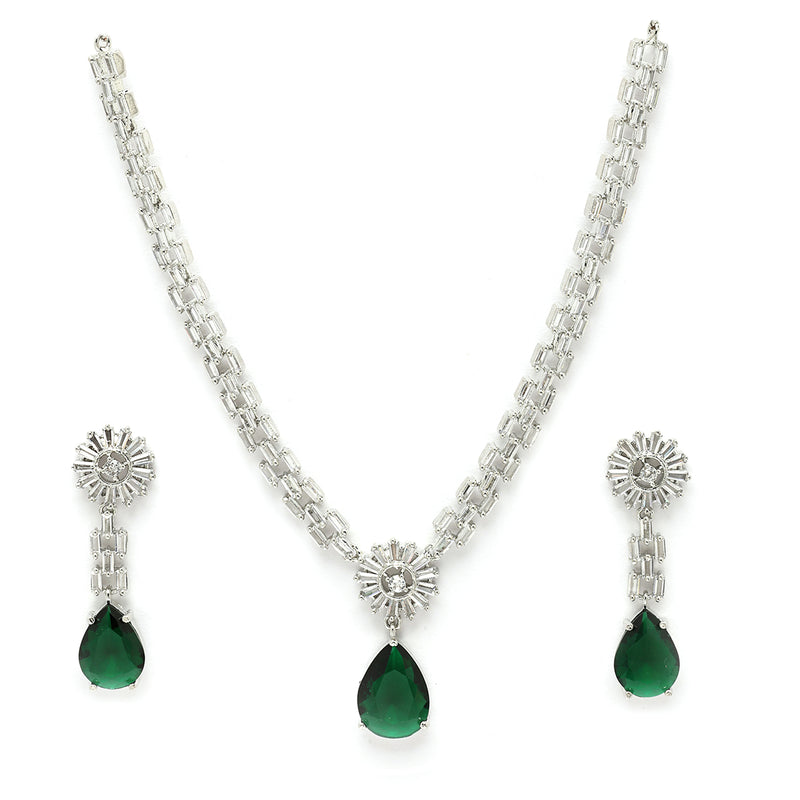 Rhodium Plated Silver Toned Teardrop Shaped Green American Diamond Studded Necklace Set