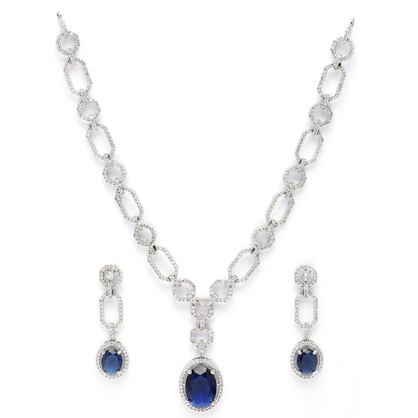 Rhodium Plated Silver Toned Royal Blue American Diamond Studded Jewellery Set