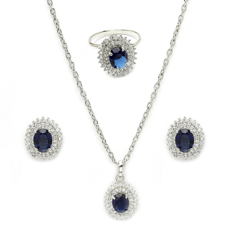 Rhodium Plated Silver Toned Oval Shaped Violet American Diamond Studded Pendant Combo With Ring