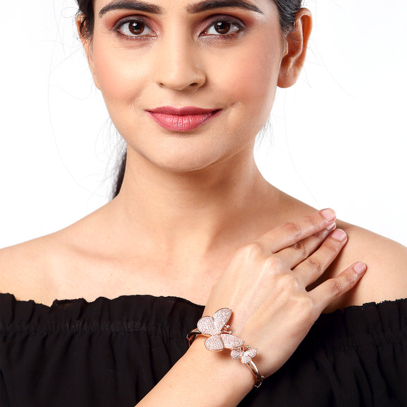 Rose Gold Plated White American Diamond Studded Butterfly Kada Bracelet