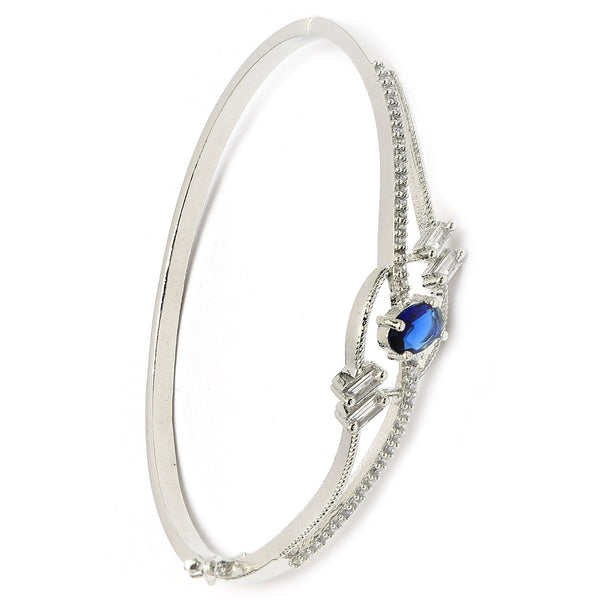 Rhodium Plated Silver Toned Blue Oval American Diamond Studded Cuff Bracelet