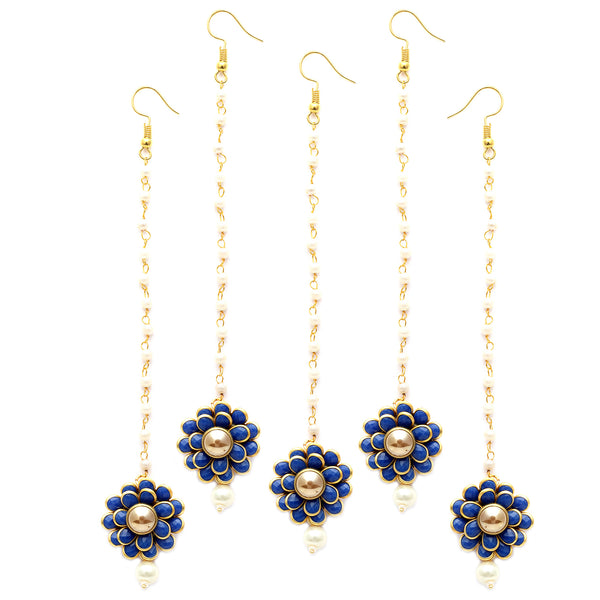 Gold Plated with Blue Stones & Pearl Drop Traditional Maang Tikka Set Of 5