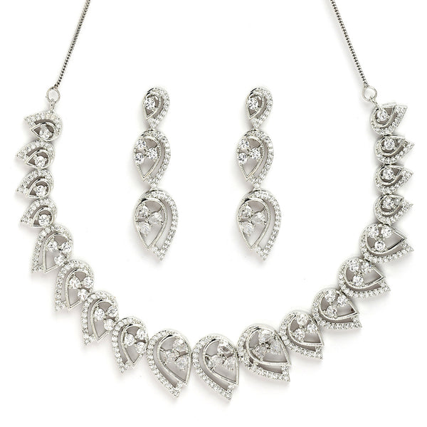 Rhodium Plated Silver Toned White American Diamond Studded Jewellery Set