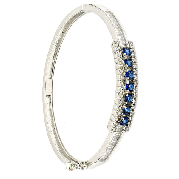 Rhodium Plated Silver Toned Minimal Round Blue American Diamond Studded Cuff Bracelet