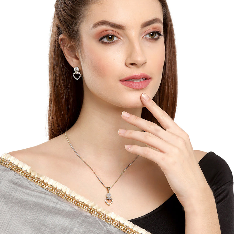 Heart Shaped American Diamond Gold Plated Pendant with Earring