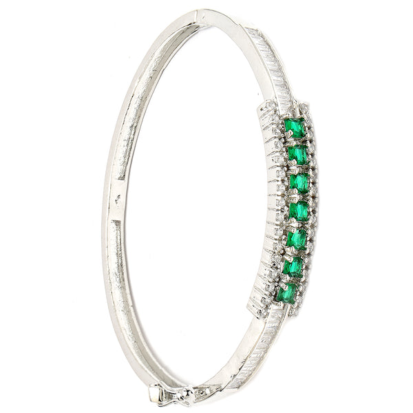 Rhodium Plated Silver Toned Minimal Round Green American Diamond Studded Cuff Bracelet