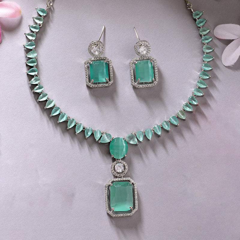 Rhodium Plated Silver Toned Sea Green American Diamond Studded Jewellery Set