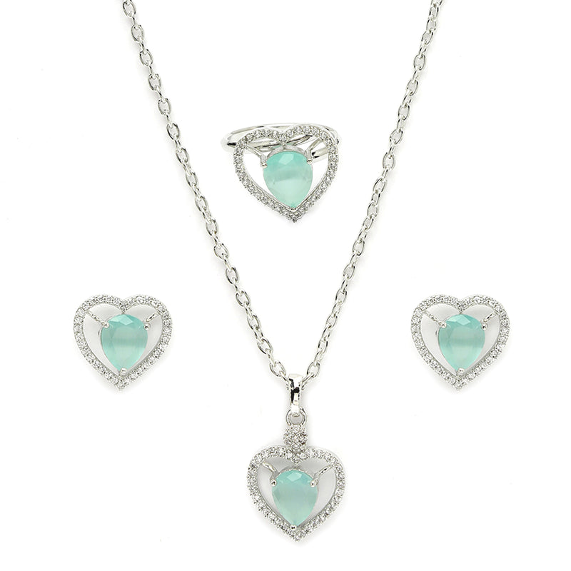 Rhodium Plated Silver Toned Heart Shaped Sea Blue American Diamond Studded Pendant Combo With Ring