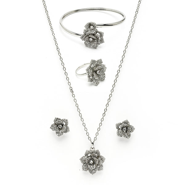 Rhodium Plated with White American Diamonds Studded Floral Shaped Pendent Combo Set