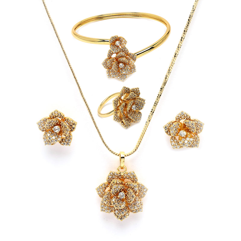 Gold Plated with White American Diamonds Studded Floral Shaped Pendent Combo Set