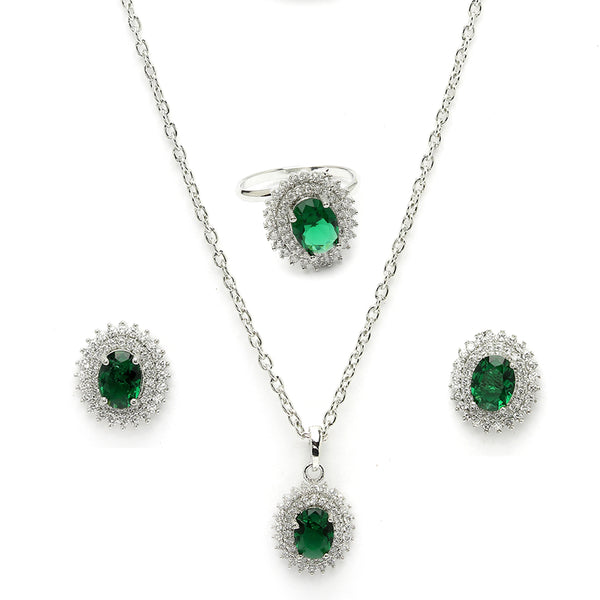 Rhodium Plated Silver Toned Oval Shaped Emarald Green American Diamond Studded Pendant Combo With Ring