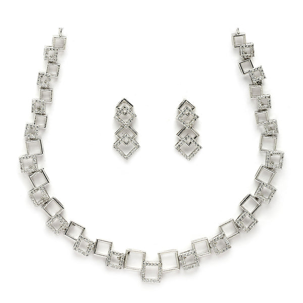 Rhodium Plated Silver Toned Geometric Design American Diamond Stone Studded Jewellery Set