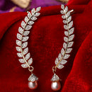 Gold-Plated Leaf Pearl Drop White American Diamond Studded Ear Cuffs