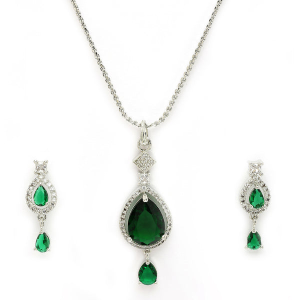 Rhodium Plated with Green Tear Drop Shape American Diamond Studded Pendent Set