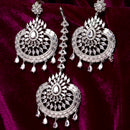Rhodium Plated White American Diamond Bead Drops Modern Maang Tikka & Earring