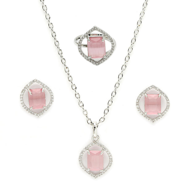 Rhodium Plated Silver Toned Pink American Diamond Studded Pendant Combo With Ring