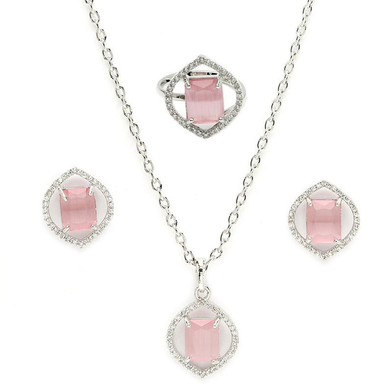 Rhodium Plated Silver Toned Pink American Diamond Studded Pendant Combo With Ring