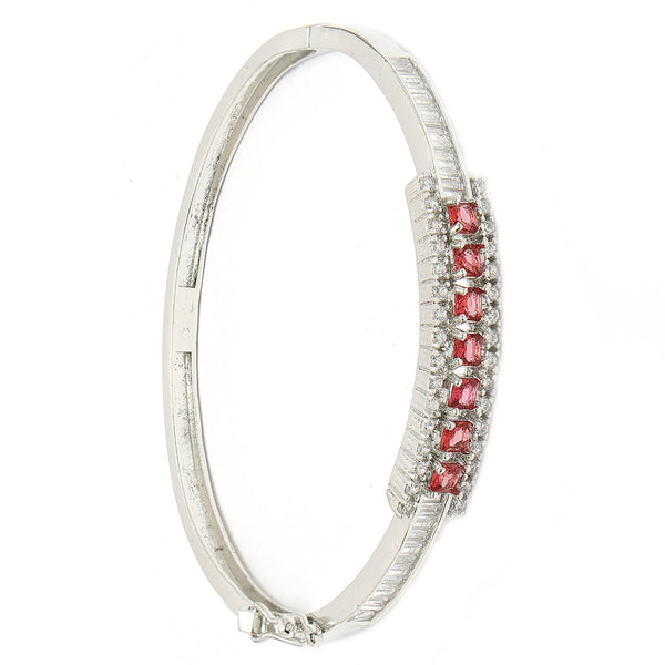 Rhodium Plated Silver Toned Minimal Round Red American Diamond Studded Cuff Bracelet