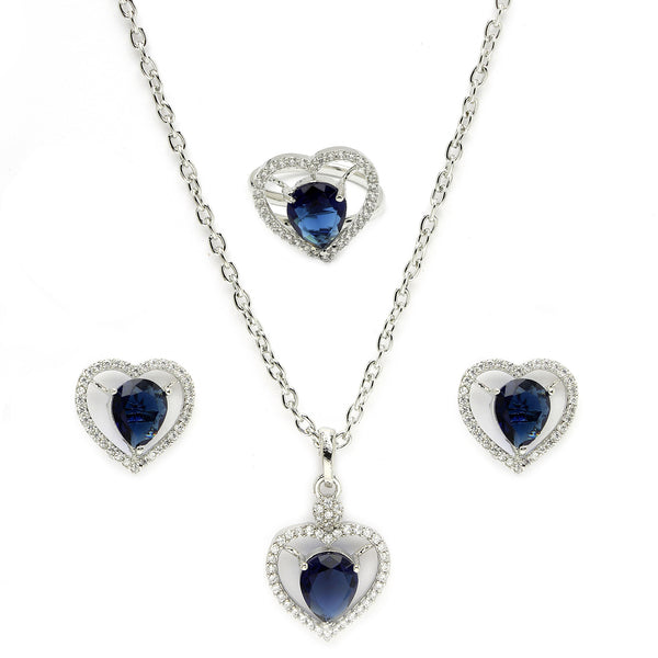 Rhodium Plated Silver Toned Heart Shaped Royal Blue American Diamond Studded Pendant Combo With Ring