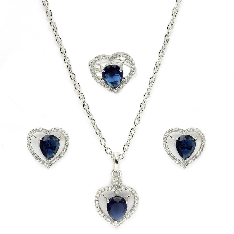 Rhodium Plated Silver Toned Heart Shaped Royal Blue American Diamond Studded Pendant Combo With Ring