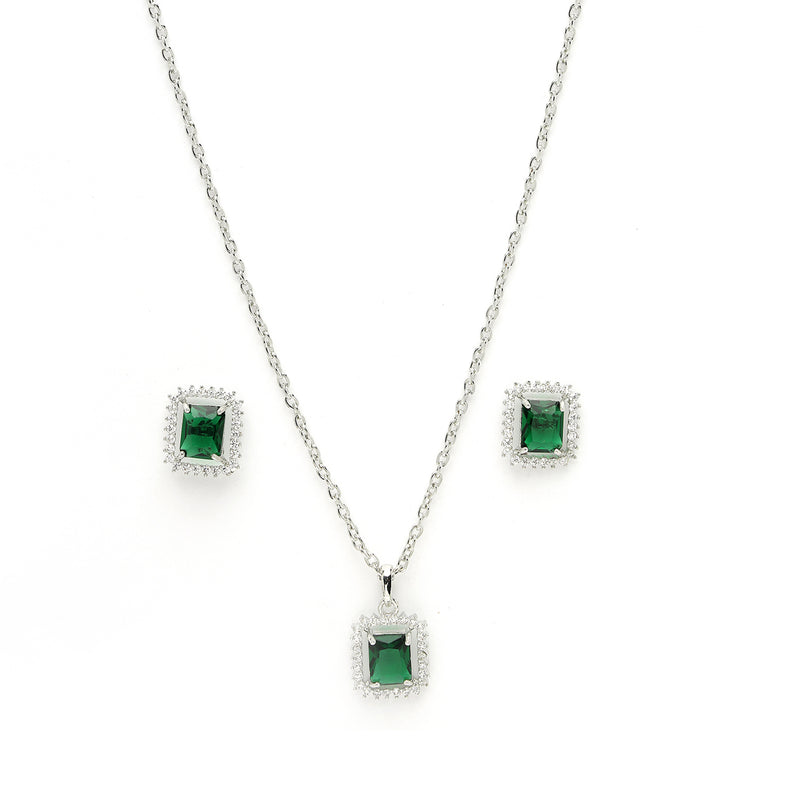 Rhodium Plated Silver Toned Emerald Square Shaped American Diamond Studded Pendant Combo With Ring