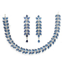 Rhodium Plated Silver Toned Blue Floral American Diamond Studded Necklace With Matching Earrings