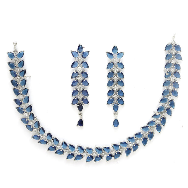 Rhodium Plated Silver Toned Blue Floral American Diamond Studded Necklace With Matching Earrings
