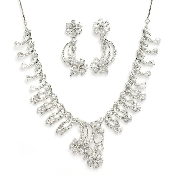 Rhodium Plated Silver Toned White American Diamond Studded Floral Jewellery Set