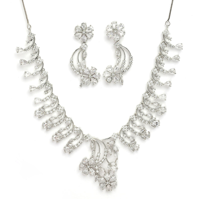 Rhodium Plated Silver Toned White American Diamond Studded Floral Jewellery Set
