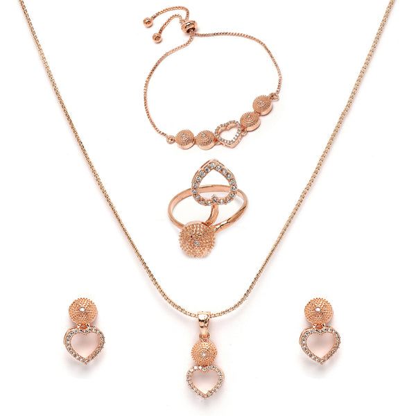 Rose Gold Plated with White American Diamonds Studded Heart Shaped Pendent Combo Set