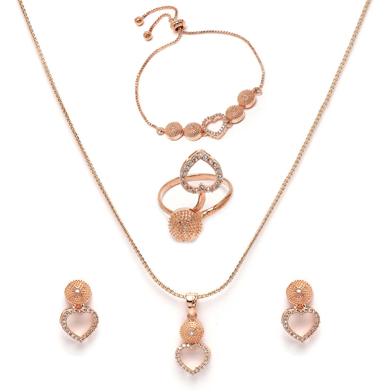 Rose Gold Plated with White American Diamonds Studded Heart Shaped Pendent Combo Set